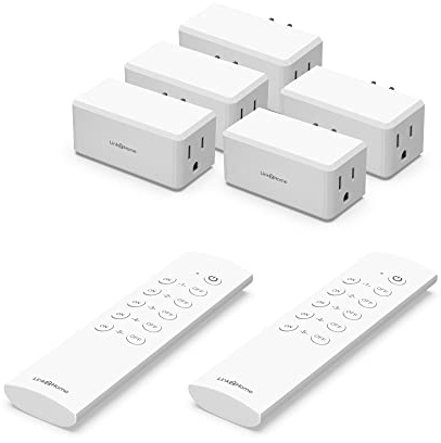 Link2Home Wireless Remote Control Outlet Light Switch, 100 ft range, Unlimited Connections. Compact Side Plug. Switch ON/OFF Household Appliances. FCC CSA Certified, White (5 Outlets, 2 Remotes).