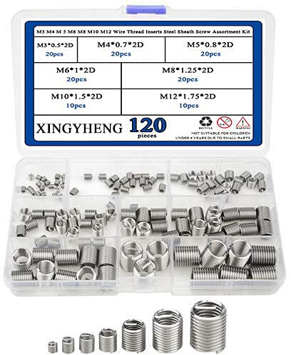 XINGYHENG 120pcs M3 M4 M 5 M6 M8 M10 M12 Wire Thread Inserts Steel Sheath Helicoil Type Screw Repair Sleeve Assortment Kit with Plastic Box