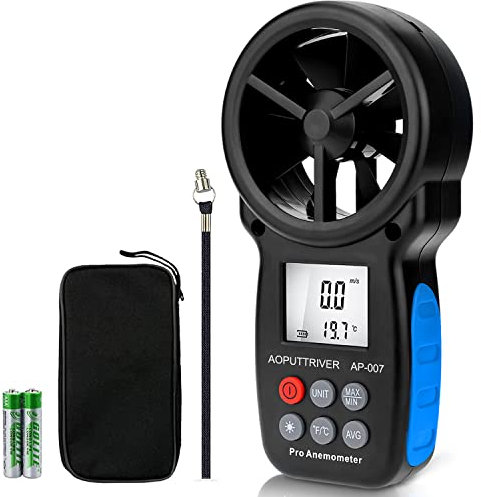 Digital Anemometer Handheld AP-007 Wind Speed Meter Gauges for Measuring Wind Speed/Temperature with Backlit and Max/Min/AVG for Shooting, Measuring HVAC installation, CFM calculation, Duct vents