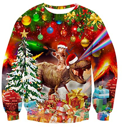 RAISEVERN Unisex-tröja för män och kvinnor, roliga fula jultröjor, 3D-tryck, jul, jultomte, långärmad pullover, L