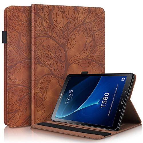 Aswant Samsung Tab A6 Hülle PU Ledertasche Folio Flip Cover Geprägte Baum Brieftasche Kartenschlitz Stand Tablet Hülle mit Stifthalter für Samsung Galaxy Tab A 10.1 Zoll 2016 SM-T580/SM-T585 Braun