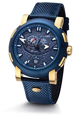 Kronsegler Mariana Trench Gold - blau | Automatik Herrenuhr 20 ATM wasserdicht | Saphirglas, verschraubte Krone, Superluminova, Nylonband gepolstert