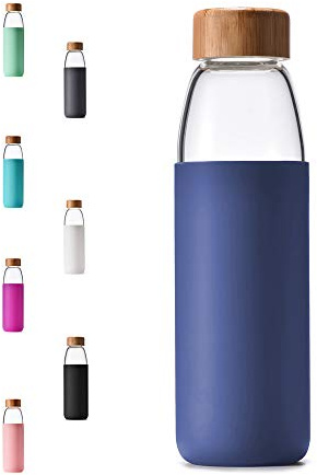 veegoal 25 Oz Borosilicate Glass Water Bottles with Bamboo Lid, BPA-FREE, Non-Slip Silicone Sleeve, and Stainless Steel Leak Proof Lid - Reusable Glass Bottle for Men and Women