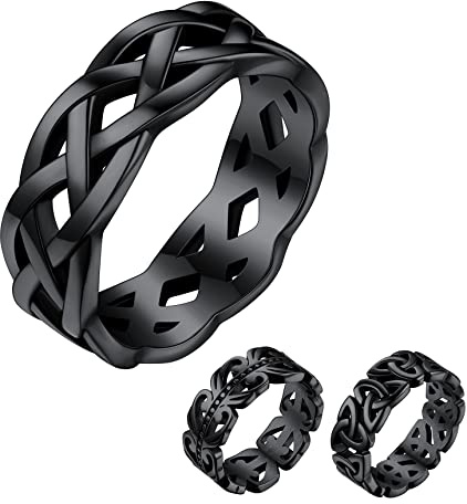 Bestyle Celtic Knot Band Rings for Men Women, Stainless Steel Irish Finger Ring Viking Wedding Bands Jewelry Gift Wedding Promise (07-Rhodium Black-Style02)