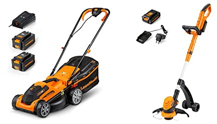LawnMaster CLMF2434G Tagliaerba Senza Filo 24V Max 2x4.0Ah Batteria, 34cm Fino a 300m² & Decespugliatore Tagliabordi a Batteria 24V 2,0Ah, Stelo in Alluminio Regolabile