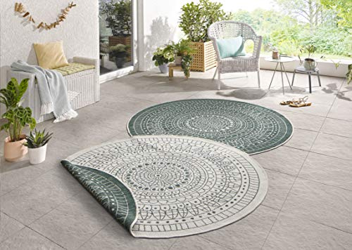 Northrugs Porto - Tappeto rotondo reversibile, impermeabile, motivo mandala, resistente alle intemperie, per balcone, terrazza, giardino, soggiorno in verde crema, diametro 240 cm