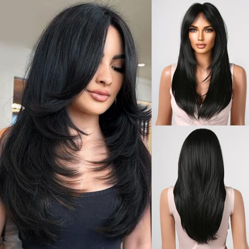 Allbell Lange Schwarze Layered Perücken für Frauen Lange Gerade Perücke mit Bangs Synthetisches Naturhaar