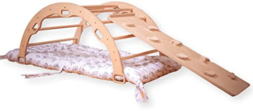 Montessori Kletterbogen | Kletterbogen mit Kissen & Rampe | Bogenwippe aus Holz für Kinder | Groß Kletterbogen mit Kissen und Leiter Rampe oder Felswand Rampe (Bogen mit Kissen und Rampe)