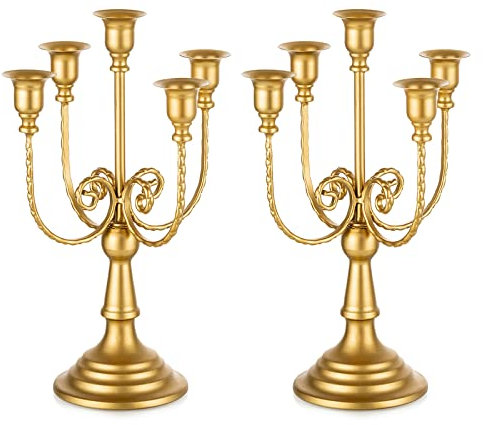 Romadedi Candelabra Gold Candle Holders - 5 Arm 11.8 Wedding Candlestick Holder for Theme Party Table Centerpiece Decor Dining Room Birthday Holiday Christmas, Set of 2
