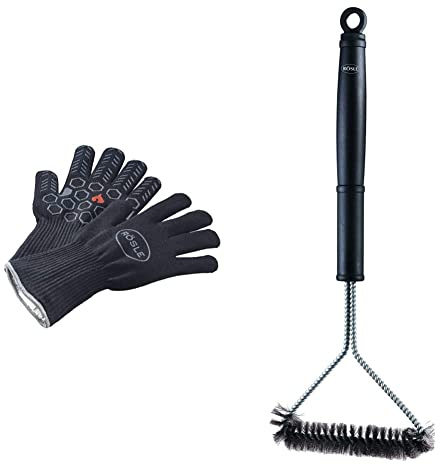 RÖSLE Premium-Grillhandschuhe, Hochwertige Handschuhe zum Schutz vor Verbrennungen & Grillrost-Reinigungsbürste, Hochwertige Grillbürste für Grillroste aus Edelstahl, Chrom und Emaille, 43 cm
