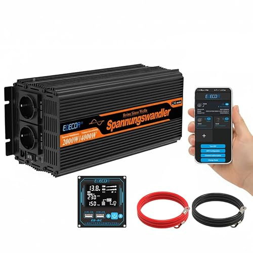 EDECOA Wechselrichter 12V 230V Reiner Sinus 2000w – ECO-Modus, mit App, Fernbedienung, 2x USB – Kompatibel mit Batterien (Lithium, AGM, Gel, FLD) – für Wohnmobil, Auto, Solarpaneele – Spannungswandler