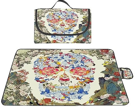 Picknickdecke 200x300cm,XXL Picknickdecke mit Wasserdichter Unterseite,Outdoor Stranddecke Sandfrei,mit Tragegriff Faltbare Picnic Blanket für Camping,Strand,Familie,Konzerte Pfingstrose Blume Schädel