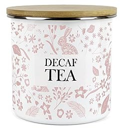 Purely Home Wild Rabbits Decaf Tea Canister - Pink Metal Enamel Medium Sized Kitchen Food Storage Container