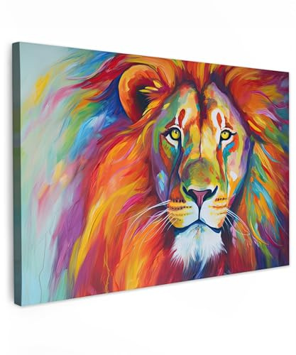 MuchoWow© Bild auf Leinwand Groß XXL Schlafzimmer Bilder Wand Deko | 120x80 cm - Wohnzimmer Modern Wanddeko Bilderwand Geschenk Kunstdruck - Bunt - Löwe - Tiere - Ölfarbe - Regenbogen