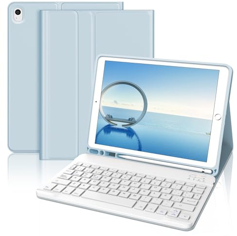 Funda con Teclado para iPad 9a Generación 10.2, Teclado Bluetooth Desmontable con Funda y Portalápices para iPad 9a Gen 2021/8a Gen 2020/7a Gen 2019/iPad Pro 10.5 2017 y iPad Air 3 2019, Azul Claro