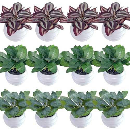 MORELX Künstliche Pflanzen, 12 Stück Mini Kunstblumen im Topf, Kunstpflanze im Topf, Plastik Pflanzen Künstliche Blumen Deko Blumen Pflanze für Balkon, Außen, Tischdeko