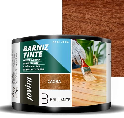 JOVIRA PINTURAS Barniz Tinte Brillante al Agua, acabado Brillo. Especial para teñir y barnizar maderas. (375 Mililitros, Caoba) F-36