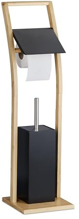 Relaxdays WC Garnitur, Bambus, stehender Klopapierhalter, Toilettenbürste mit Bürstenhalter, 74x20x20 cm, schwarz/Natur