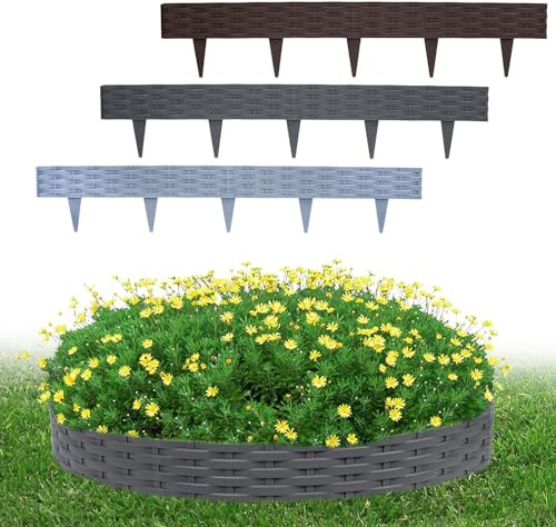 FIVMEN Rasenkante Beeteinfassung Kunststoff Beetumrandung Beetbegrenzung Mähkante Rattan-Optik Flexible Rasenkantenband Gartenpalisade 10cm hoch - 5M 5 Stück, Braun