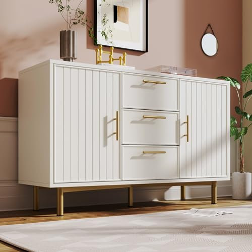 Buffet Moderne 140 Cm, Finition Blanc Brillant Et Bois, Effets LED Multicolores, Solution De Rangement élégante avec 2 Portes, 2 étagères, 3 Tiroirs