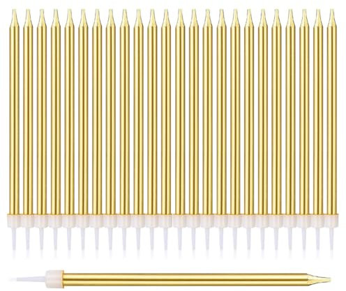 AEIOPRS 25 Pcs Métallique Bougie Longue Minces Gold Bougies d'anniversaire avec Support Bougies de Gâteau pour la décoration de fête de Gâteau de Mariage d'anniversaire Or