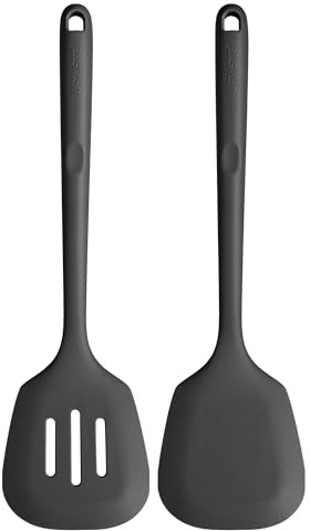 U-Taste Long Silicone Turners Set of 2, 315℃ Heat Resistant, Black | 34.5 cm, Solid & Slotted Kitchen Spatula, Non Stick Flexible Rubber Cooking Flipper for Frying, Flipping Eggs, Fish, Pancake