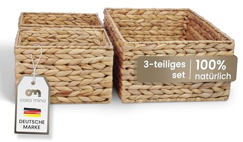 Casa Mina Korb Aufbewahrung 3er Set (2xS + M) 100% natürlich aus Wasserhyazinthe I Dekorative Körbe Aufbewahrung für jeden Raum I Aufbewahrungskorb mit robustem Metallgestell