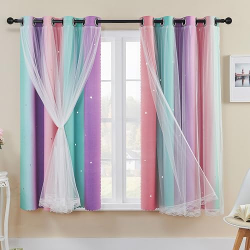 XiDi Tende Arcobaleno per Camera da Letto Decorazione a Stelle Scavate Tende Verdi a Rete Termoisolate con Anelli per Bambini Ragazze Trattamento Della Finestra Della Pink PurpleGreen/132/160/2 IT