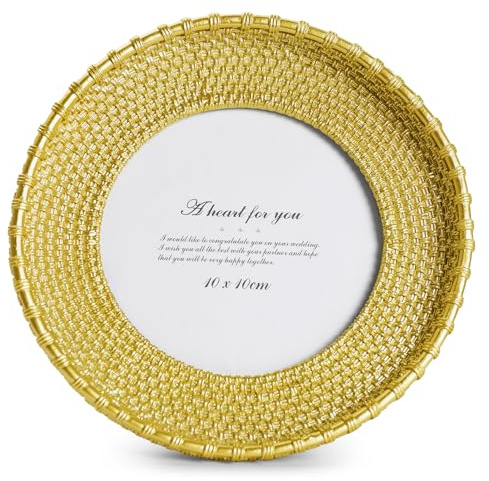 Cuspin Runder Bilderrahmen, 10,2 x 10,2 cm, goldfarben, Vintage, gewebtes Rattan, strukturiert, mit Echtglasfront, kleiner dekorativer Rahmen für Tischdisplay oder Wandbehang, goldene Heimdekoration