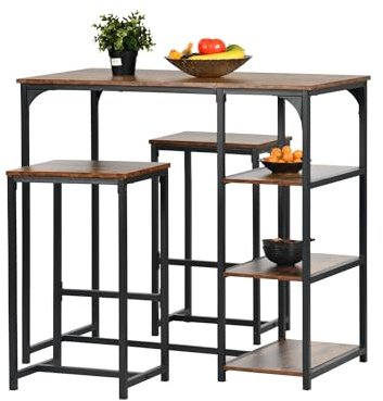HOMYLIN Ensemble 3 pièces Table de Bar et chaises, Table de Bar Industrielle 100 cm avec étagère et 2 tabourets (40 x 30 x 65 cm) pour Salon, Bar à Domicile, Marron