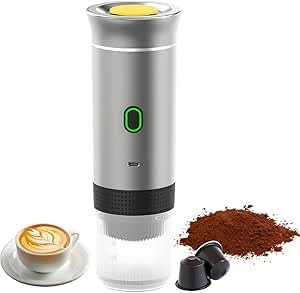 Spalivivre Cafetera portátil 3 en 1, Cafetera Espresso Compatible con Cápsulas Grandes y Pequeñas, Café Molido, Inalámbrica y Con Calentamiento Automático, Para Viajes, Coche, Oficina (Plata)