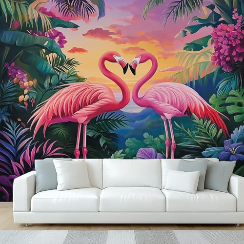 Generisch Tapete Flamingo Wohnzimmer Schlafzimmer, Fototapete Tropische Dschungel Wand Deko, Wallpaper, Wandtapete, Mustertapete, vliestapete, 300 x 210 cm W&Q