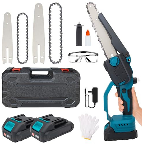 6&8-Inch Mini Chainsaw,Cordless Chainsaw with Brushless Motor,with 2×6-inch Chains,2×8-inch Chains,2 Guide Plates,2 High-Capacity Batteries.Featuring Safety Lock for Tree Pruning & Wood Cutting Tasks