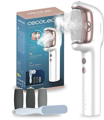 Cecotec Lima Eléctrica Pies Durezas con Batería Recargable SkinCare Steam Silky. Función Vapor, 3 Cabezales, Resistente al Agua IPX7, 3 Velocidades, Rascador Extra, Depósito de Agua Imantado