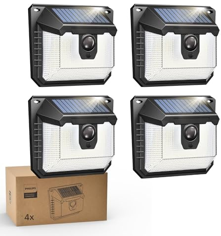 Philips Solarlampe Außen mit Bewegungsmelder, 120 LEDs Solarbetriebene Außen-Sicherheitsleuchte, 3 Modi, Wasserdichte Wandleuchte für Garten, Hof, Zaun, Garage (4 Stück)