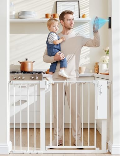Babelio Smart Baby Gate with Auto-Unlock/Close, Pressure Mounted No Drill for Doorways/Top of Stairs. Pet/Dog Door Wide Walk Thru w/Infrared Sensor & Safety Alert (White, 30.3-47.2 W, 30 H)