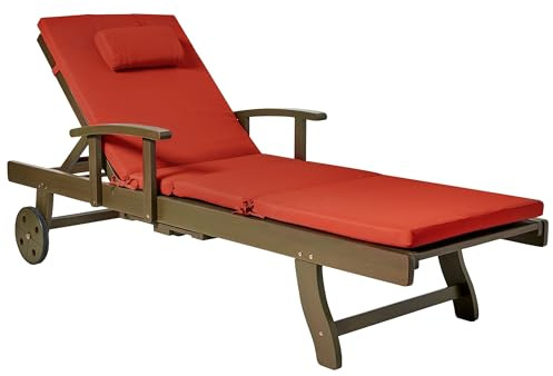 Beliani Gartenliege Akazienholz mit Auflage rot verstellbar rollbar Amantea Premium II