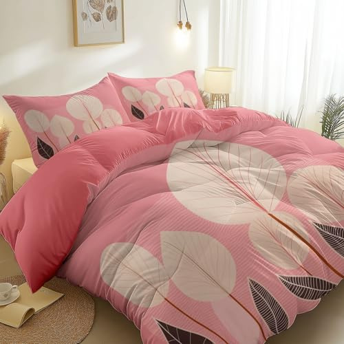 Pink Duvet Cover California King Size, Modern Minimalist Leaves Poster Printed Brushed Microfibre Quilt Cover 104 x 98 - Lightweight Soft Reversible Bedding Set for Boys Girls Adults Home Decor