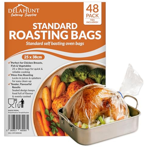 Standard Oven Roasting Bags with Ties 25 x 38cm [48 Pack] - BPA-Free, Food-Grade & Oven-Safe Cooking Bags | Heavy-Duty Cook-in Bags for Chicken, Fish, Vegetables, Meal Prep & Batch Cooking