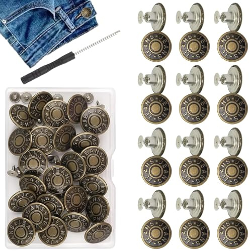 Tarqite 24 Stück Jeans Knöpfe Ohne Nähen, 17mm Ersatz Jeansknopf mit Schraubendreher, Verstellbare Hosenknopf, Jeans Button Pins, Metallknöpfe für Jeans Reparatur, DIY