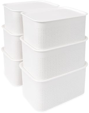 Relaxdays Förvaringslåda med 6 st, med lock, organisatörslåda 5 L, HBT: 13 x 26,5 x 19 cm, stapelbox plast, vit