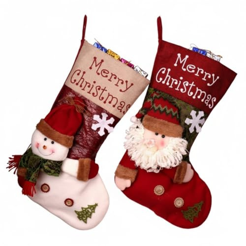 2er Set Weihnachtsstrumpf,Retro-Weihnachtsstrümpfe,Weihnachtsdeko Nikolausstrumpf,45 cm,Weihnachtsmann,Schneemann,Rentier,Süßigkeiten,Geschenktüte für Treppen,Weihnachten,Weihnachtsbaum,hängende