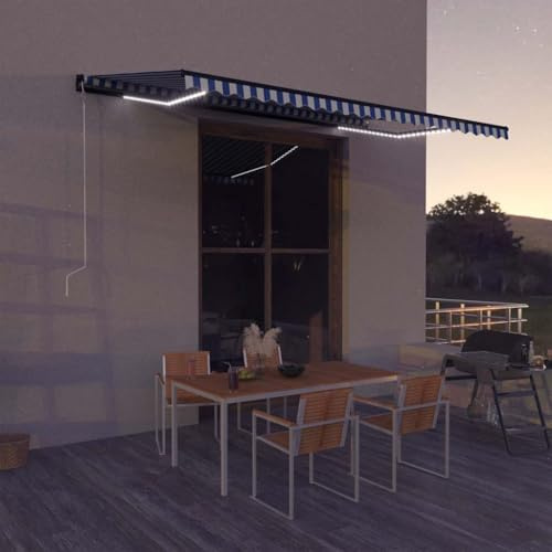 Qnhdfrt Gelenkarmmarkise 500x300 cm Blau Weiß mit LED Windsensor Handkurbel Aluminiumrahmen Robuster Sonnenschutz Terrasse Balkon Garten und Café geeignet