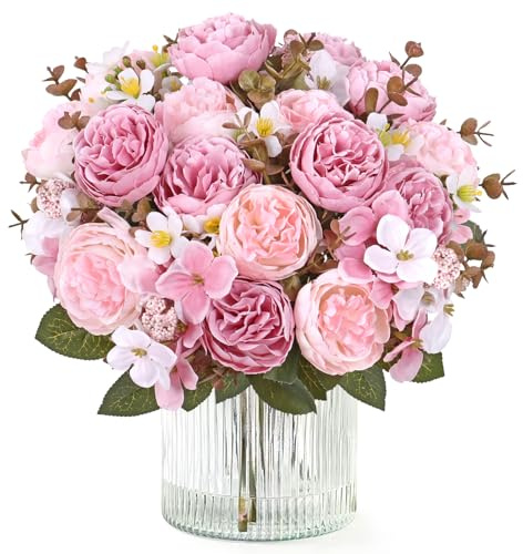 DEMIUKO Flores artificiales de hortensias blancas, ramo de flores de primavera, rosas artificiales como flores de seda falsas reales, flores de interior, decoración para bodas, fiestas, cocina, mesa
