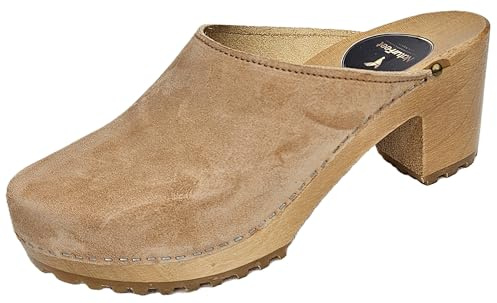 Moderne High Heels Holz Clogs Holz Pantolette Gr.35-36-37-38-39-40-41-42 Wildleder *Braun*, *Milchkaffee*, *Flaschen Grün*