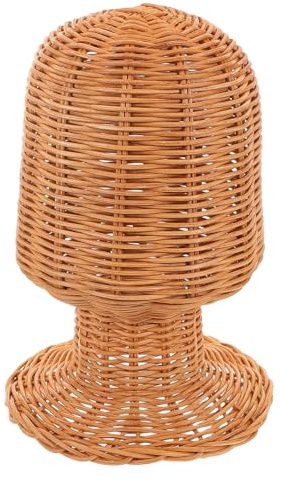 Housoutil Support de Postiche en Rotin, Tête de Mannequin pour Présentation, Présentoir de Chapeaux Rustique, Rangement Peu Encombrant pour Salons et Maison, 27cm