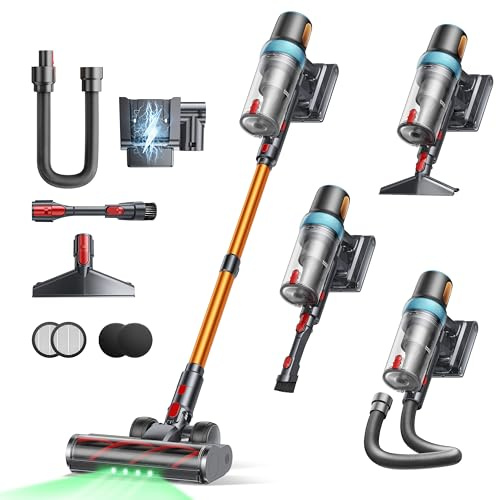 Akku Staubsauger 55KPA/650W/70Min,Selbststehender Staubsauger Kabellos mit 1M Ausziehbarer Schlauch,Wandladestation,Automatikmodus,Anti-Tangle-Bürste,Mehrstufige Filtration für Teppiche/Hartböden/Auto