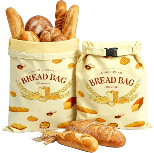 Dhnvcud 2 Pack Reusable Beeswax Bread Bags with Buckle Clasp for Sourdough | 43x32cm Natural Beeswax-Lined Cotton Bags, Airtight Fresh Keeper for Homemade Sourdough & Baked Goods