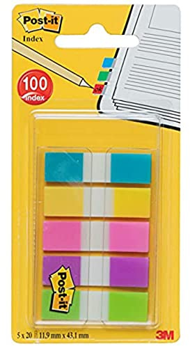Post-it© Index Mini, Etui mit 5 x 20 Streifen - 11,9 x 43,2 mm, trkis, gelb, pink, lila, lemon