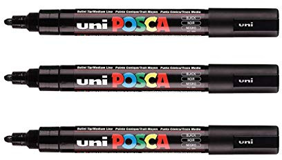 POSCA Mitsubishi Pencil – 3 rotuladores negros PC5M – Punta cónica de punta media – Marcador de pintura a base de agua – todo soporte – Papel, textil, vidrio, guijarro, madera